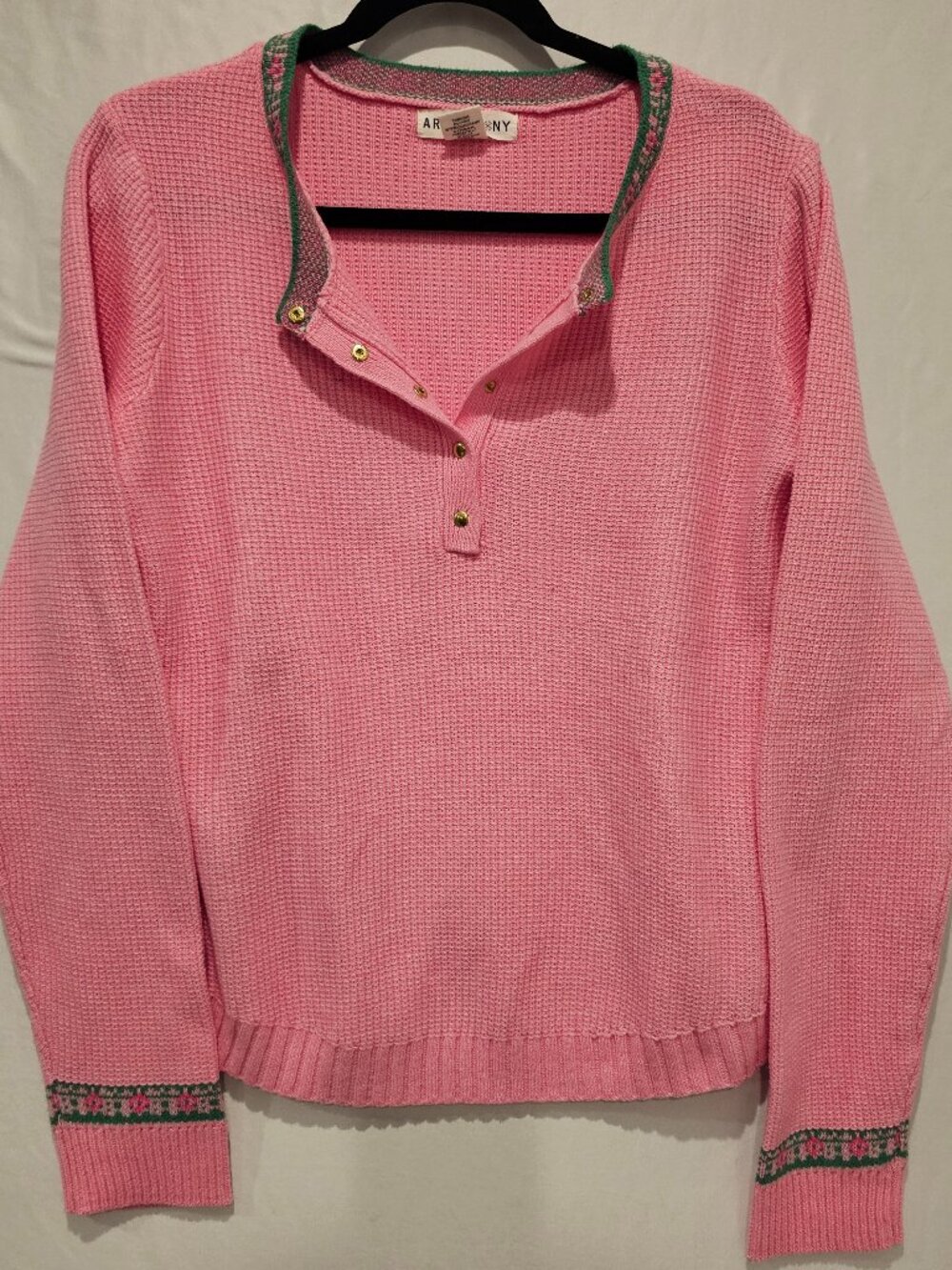 Artisan NY Pink Waffle Knit Henley Sweater Top Women's Size L Geometric Trim